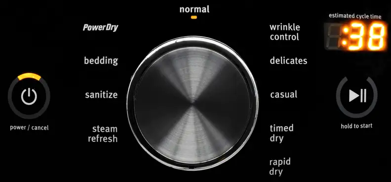 The Maytag 8200 dryer covers all the conventional bases, including a Sanitize option and the manufacturer's proprietary Power Dry cycle.