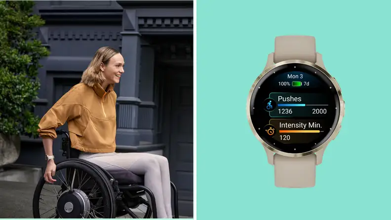 A side-by-side image of a woman in a wheelchair wearing a white Garmin Venu 3 smart watch on her wrist and a front view of the face of the Garmin Venu 3 in gray.