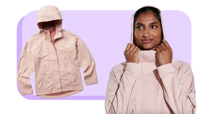 On left, product shot of the pink Merell Whisper Rain Shell with attached hood. On right, model wearing the Product shot of the pink Merell Whisper Rain Shell with hood on head and hands on each side holding it in place.
