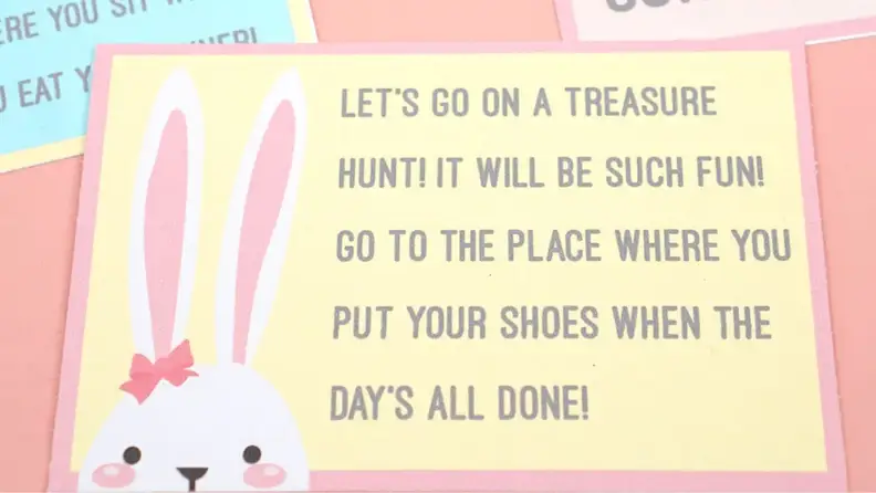 A cute riddle with a bunny face on the side.