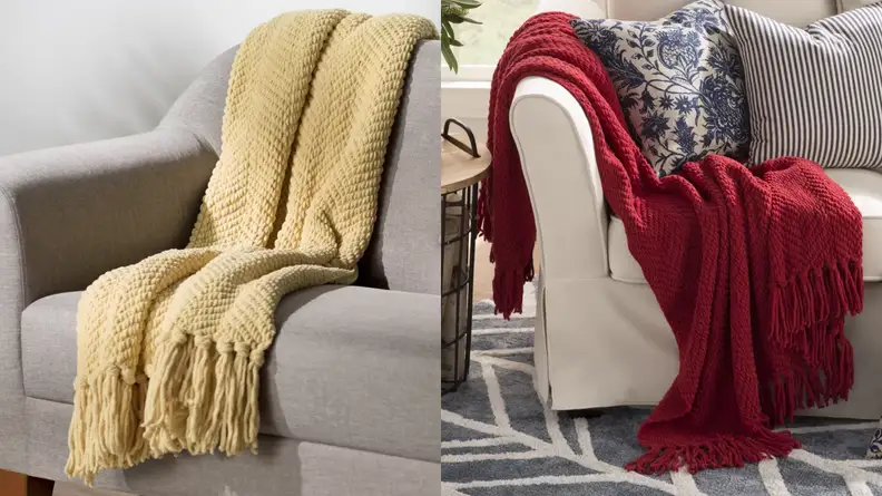 A yellow blanket draped over a chair next to an image of a red blanket draped over a couch