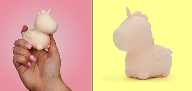 A photo collage of a hand holding the Unihorn Heart Throb sex toy and the Unihorn Heart Throb sex toy alone.