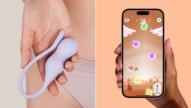 Dual image of the Perifit Care+ perineometer in the palm of someone's hand and a cellphone with an ongoing game onscreen.