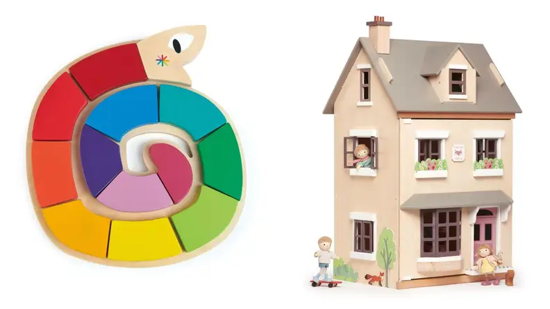 A colorful snake puzzle and a wooden dollhouse