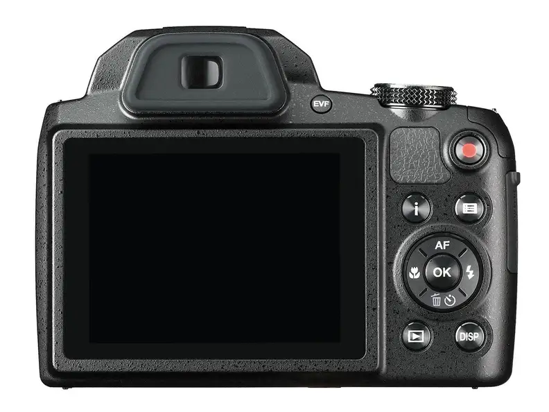The Pentax XG-1 has a simple rear control panel with a basic layout, a 3-inch fixed LCD, and a small electronic viewfinder.