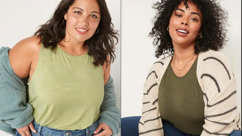 Two models wear green tank tops.