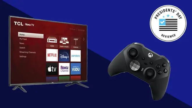 Smart television next to Xbox controller.