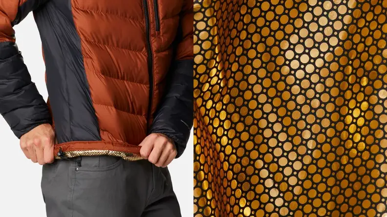 Man wearing a Columbia jacket with Omni-Heat Infinity lining, and a closer look at the golden lining and reflective black dots.