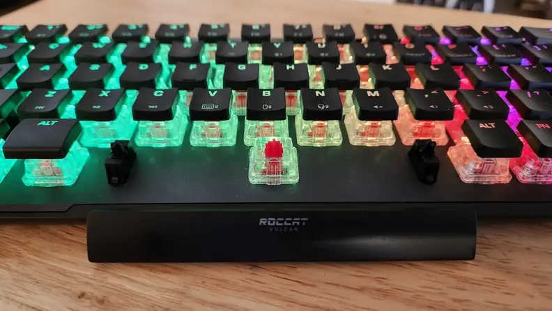Close-up shot of the colorful backlit display on the Roccat VulcanII Mini Air keyboard.