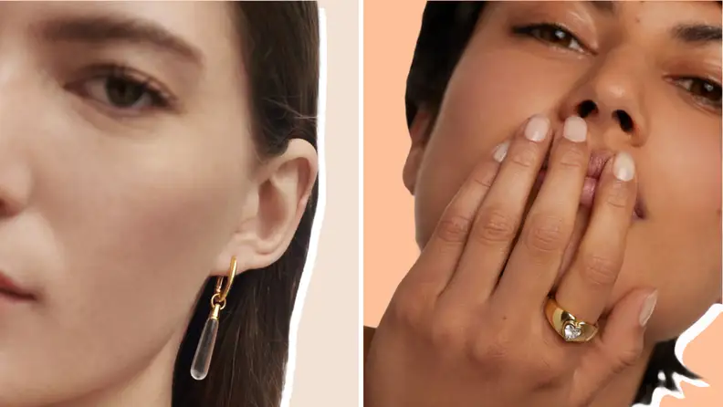 Collage of two women wearing an earring and a ring from PD Paola.