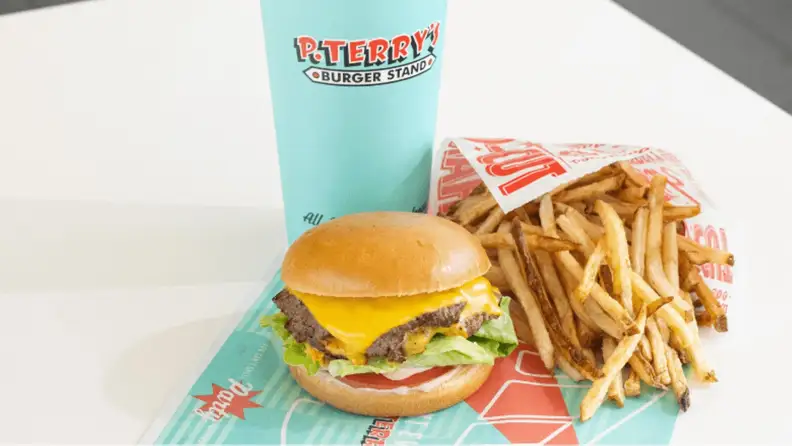 A cheeseburger and fries from P. Terry's Burger Stand