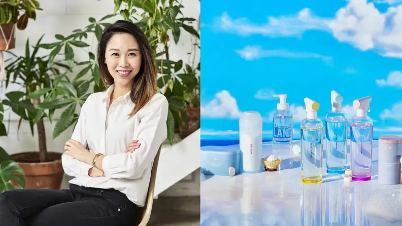 Left: Asian female founder of Blue Land,  Right: Blue land cleaner bottles on cloudy background