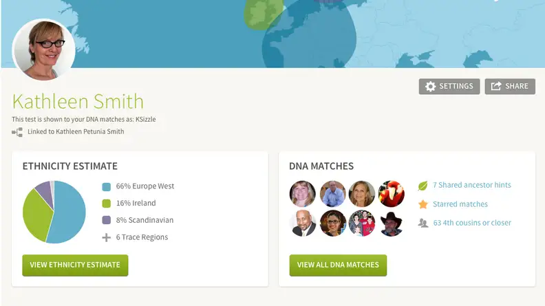 Ancestry profile screen with ethnicity estimates and DNA matches.