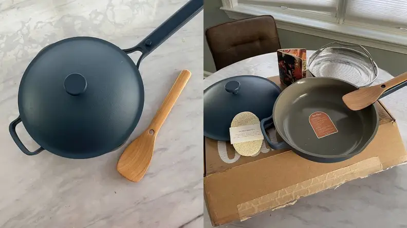 On left, Always Pan 2.0 in Blue Salt color with lid on top next to wooden spoon. On right, Always Pan 2.0 in Blue Salt color inside of cardboard box.