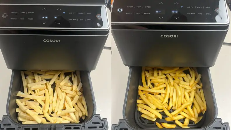 Frozen and cook fries inside of the basket of the Cosori Dual Blaze Smart Air Fryer.