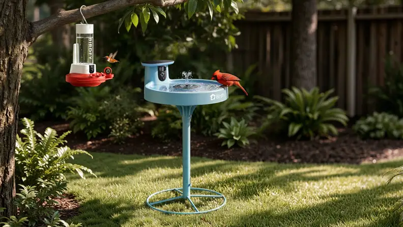 A hummingbird approaches a red Birdfy hummingbird feeder while a Northern cardinal perches on a blue Birdfy smart bird bath in a backyard garden.