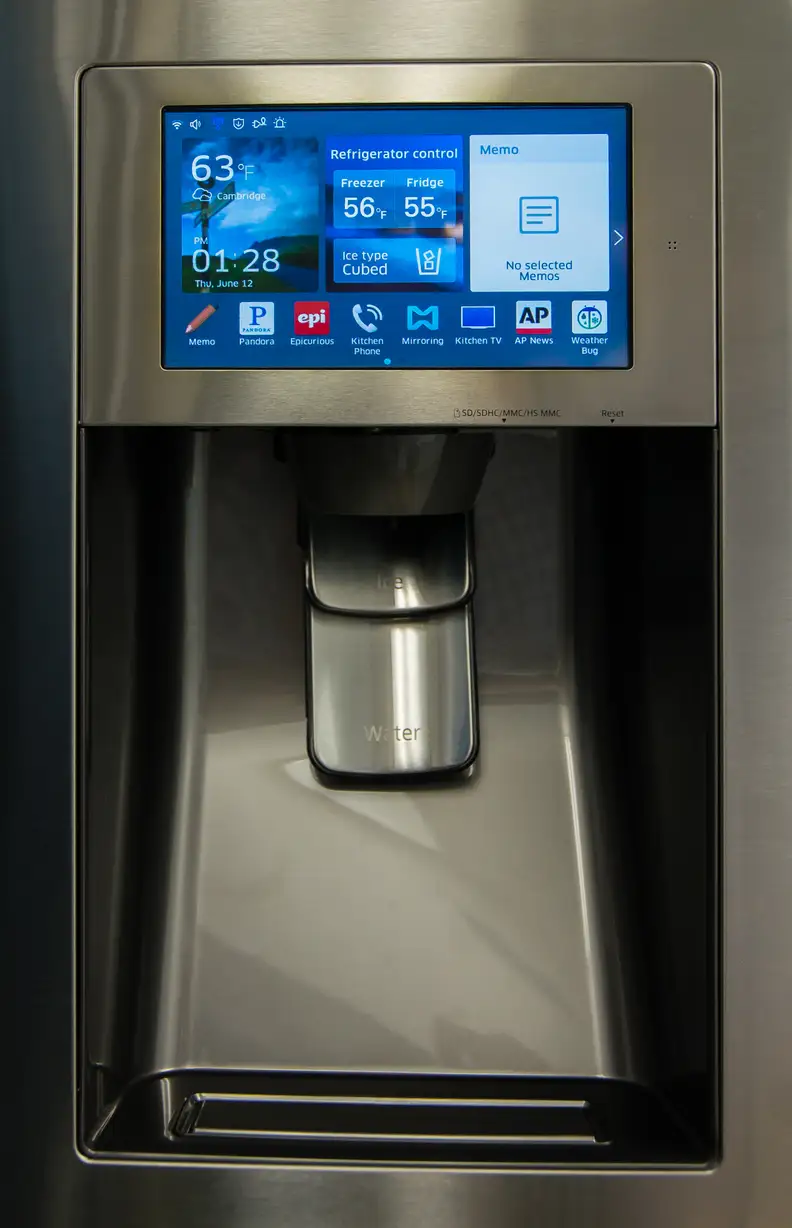 The new Samsung smart fridge has an eight-inch touchscreen above the water and ice dispensers.