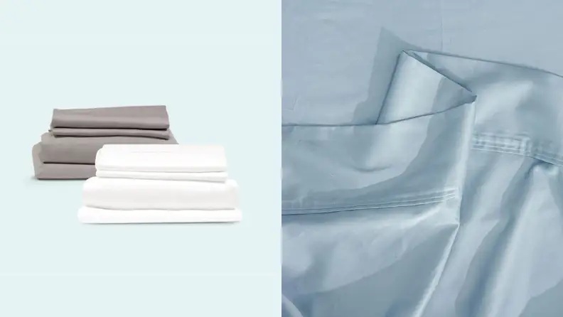 Left: Gray and white folded sheet sets: Right: Wrinkled sheet set