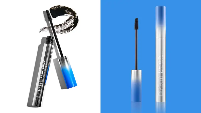 On the left: The Item Beauty Lash Snack tube with the wand next to it to show a black mascara formula. On the right: The tube of mascara on a blue background with its wand separate from the tube.