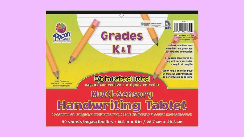 A handwriting tablet book on a purple background.