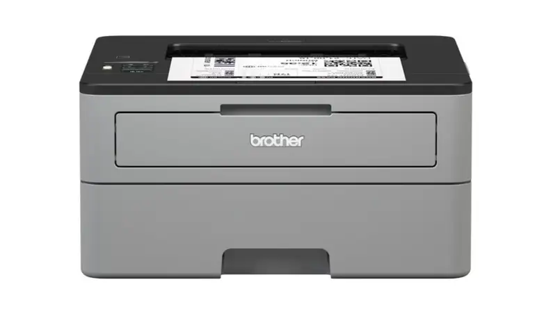 An image of a gray Brother printer seen from the front.