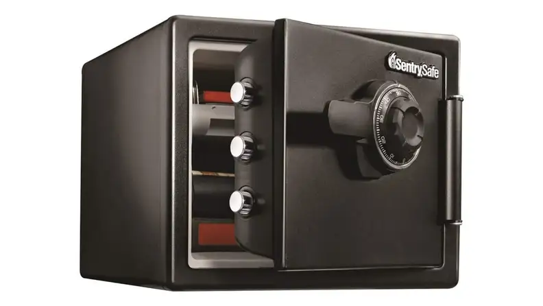 A fireproof safe on a white backdrop