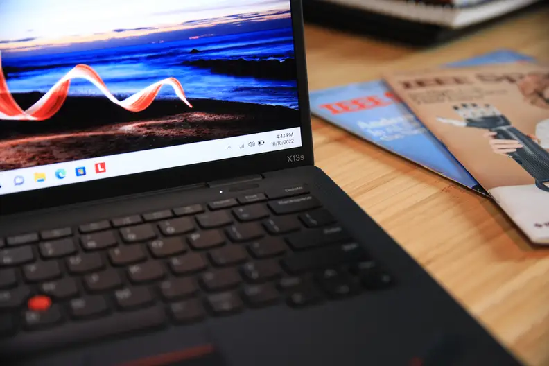 A close-up of the laptop's bottom side display of the monitor.