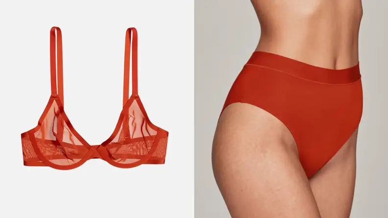 A split image of a Cuup red bra and high-waisted underwear depict what could be one of the best birthday gifts for Aries season.