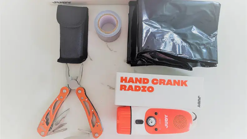 Tools from an emergency survival kit.
