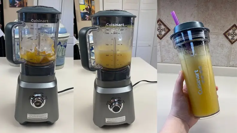 Three photos of the Cuisinart juicing blender producing orange juice