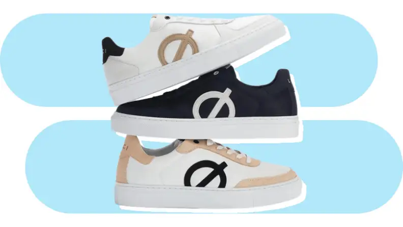Three Løci sneakers stacked on top of one another against a blue background.