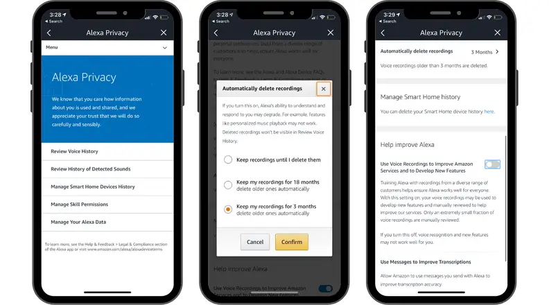 Screen shots of how to adjust privacy settings in the Amazon Alexa app
