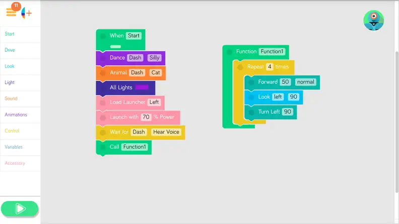 A coding program in the Dash Blockly app