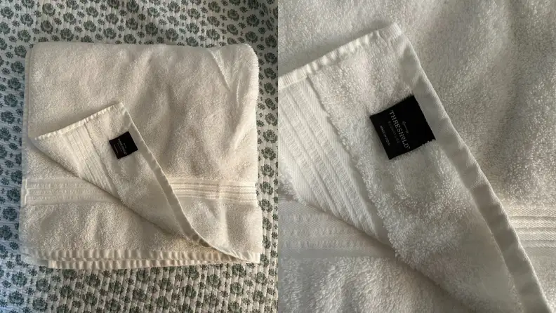 On the left, a white towel folded on top of a quilt. On the right, a close-up of the towel.