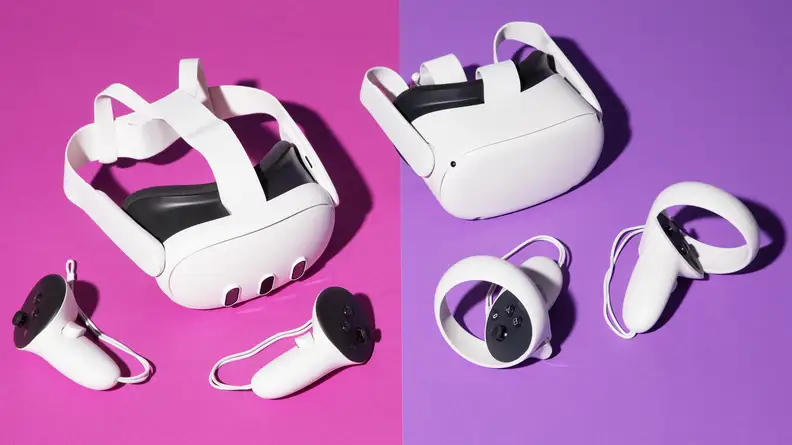 Meta Quest 3 vs. Meta Quest 2 side-by-side with two sets of white and black controllers.