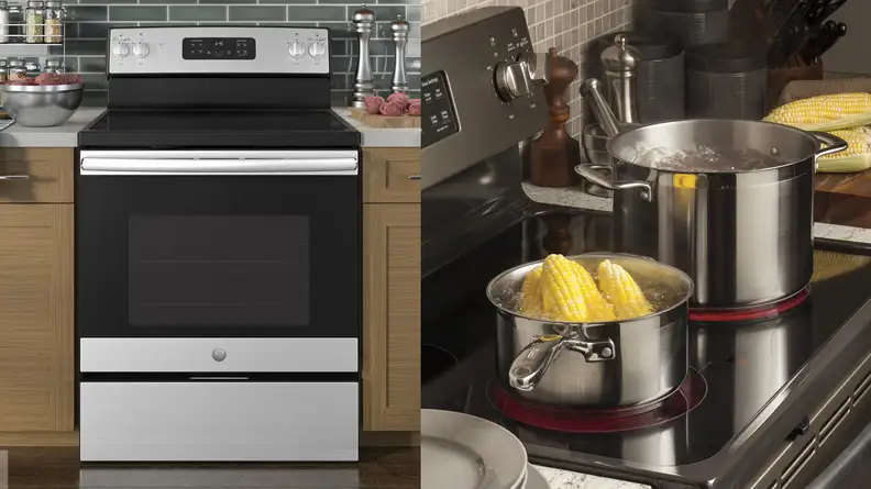 Side-by-side shots of the electric range closed up and another with corn being boiled on the range top.