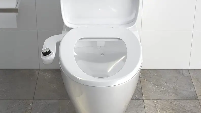 close up of a toilet with a bidet.