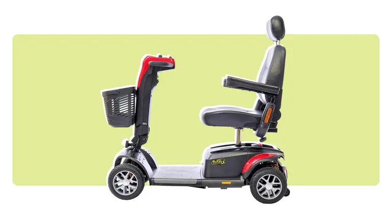 The Buzzaround mobility scooter on a green and white background