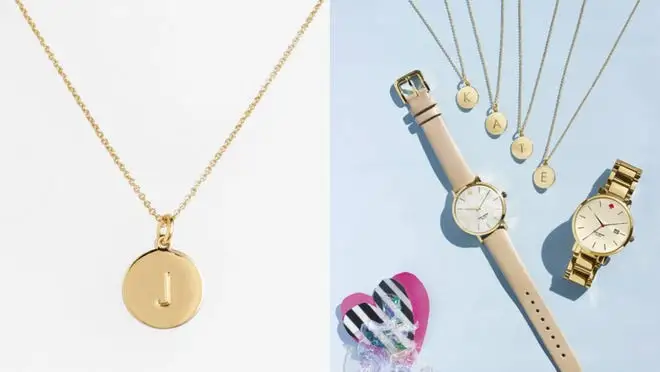 On left, gold pendant necklace with the letter "J" on front. On left, gold pendant necklaces next to watches.