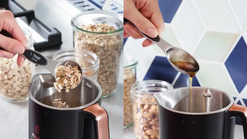 On left, person using tablespoon measuring utensil to pour oats into Nutr plant-based milk maker. On right, person using tablespoon to pour honey into Nutr plant-based milk maker.
