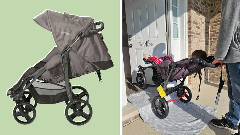 On the left, a picture of a Special Tomato EIO Push Chair on a green background, on the right, a man pushing the Special Tomato EIO Push Chair through a front door.