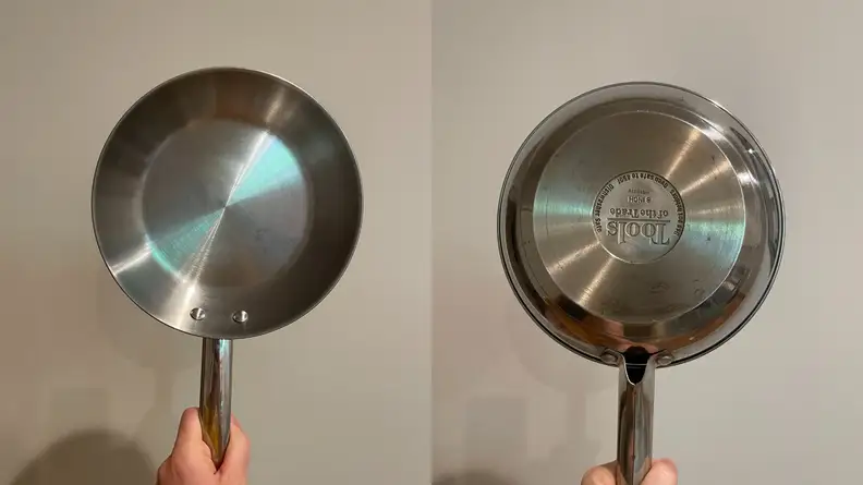 A side by side of the front and back of an 8 inch frying pan, showing the wear and tear from cooking.
