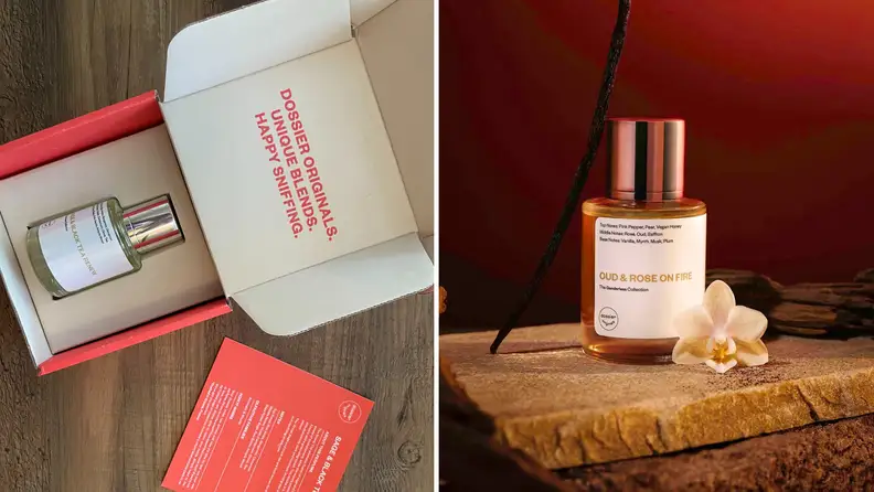 A bottle of perfume in its packaging, and another shot of a different bottle of perfume next to a flower and a vanilla bean pod.