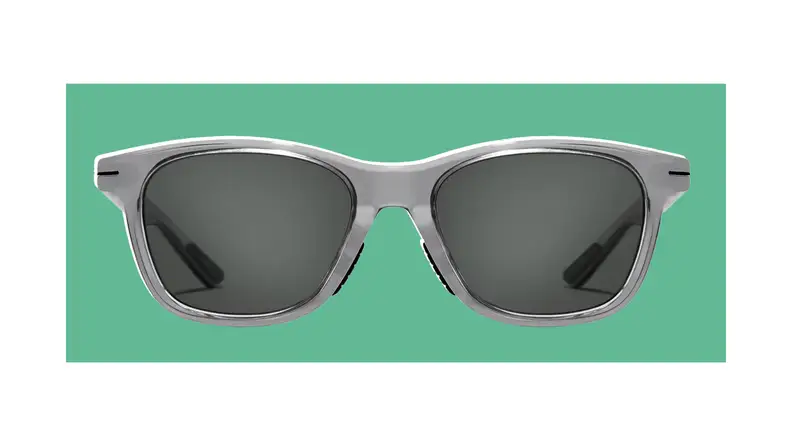 Product shot of the gray wayfarer sunglasses from Roka.