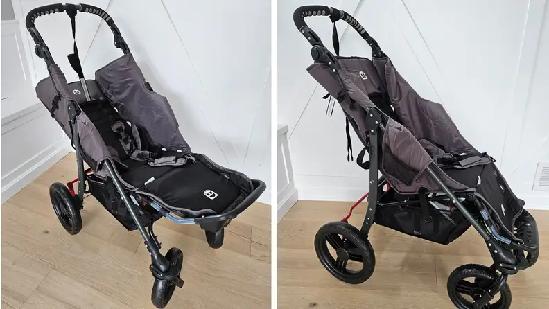 Side-by-side of images of an empty Special Tomato EIO Push Chair.