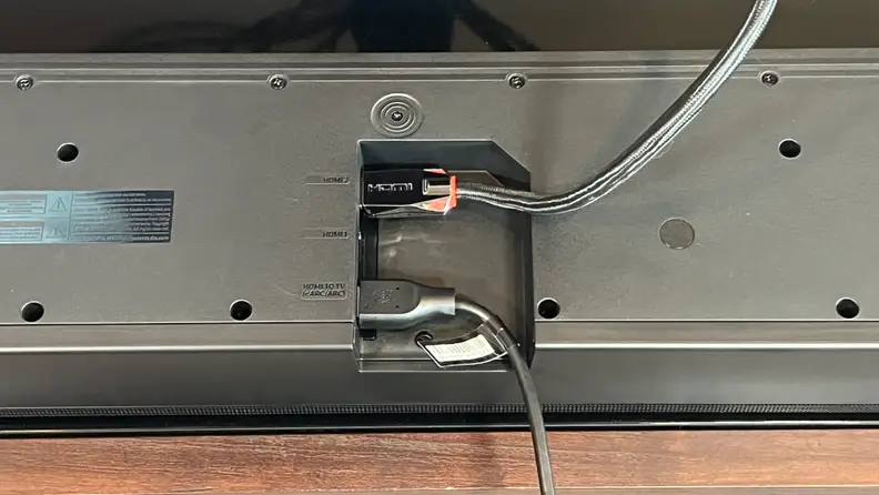 A closeup of the HDMI inputs of the Samsung HW-Q990B.