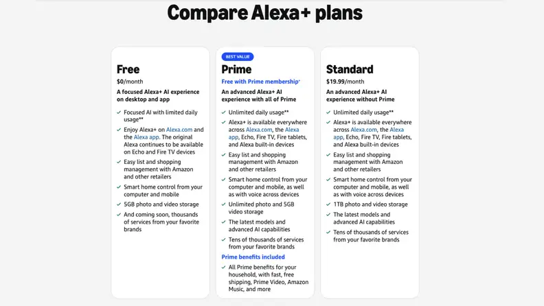 Screenshot of 3 Amazon Alexa+ plans