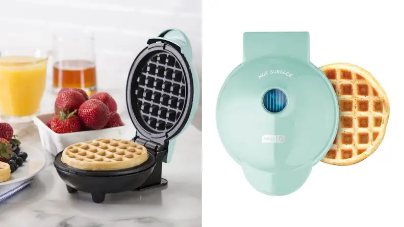 Two photographs show a small baby-blue Dash waffle maker.