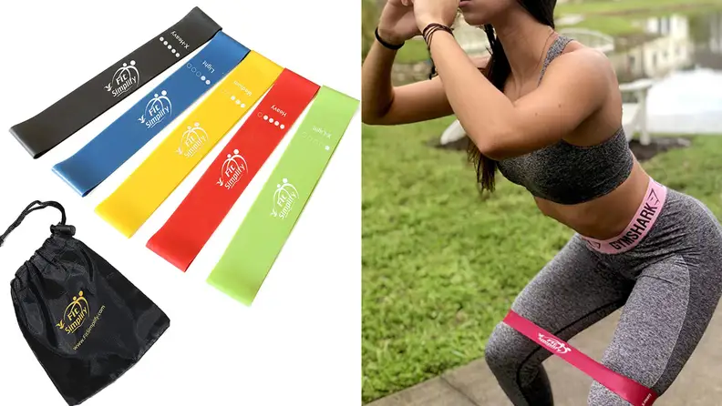 set of mini bands and a woman using a mini band for squats