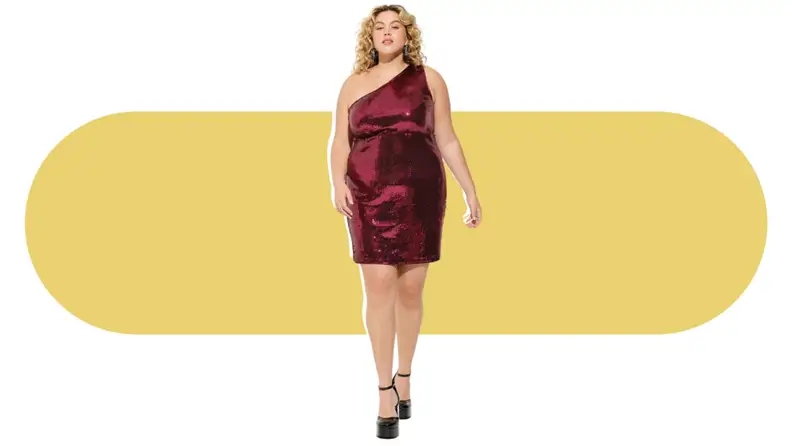 A model wearing a red sequined one-shoulder mini dress.